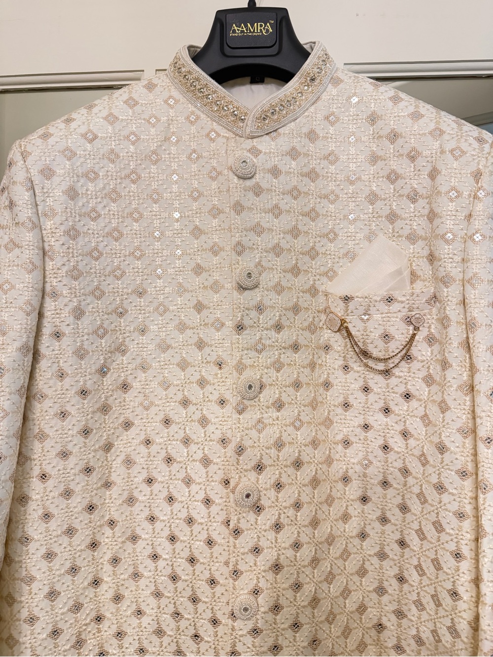 Embroidered Cream Sherwani-Style Jacket with Pocket Chain